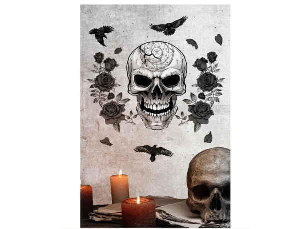 Avec ce décor adhésif tête de mort 25x70 cm, donnez à vos surfaces un style dark et énigmatique. Parfait pour créer un point focal effrayant, ce sticker s’adapte aussi bien aux portes qu’aux murs ou fenêtres. Son format allongé permet une mise en scène verticale ultra visible. Que ce soit pour un événement spécial ou juste pour afficher votre âme gothique, il ne passera pas inaperçu !