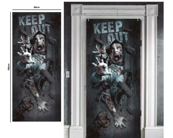 Préparez-vous à réaliser l’apocalypse zombie chez vous avec cette décoration de porte "Attaque de Zombie" ! Ce design frappant présente une porte complètement fracturée, avec des zombies qui semblent en sortir. L'effet réaliste et saisissant ajoutera une dimension effrayante à votre entrée et captivera tous vos invités, transformant chaque passage en un terrain de jeu mortel !