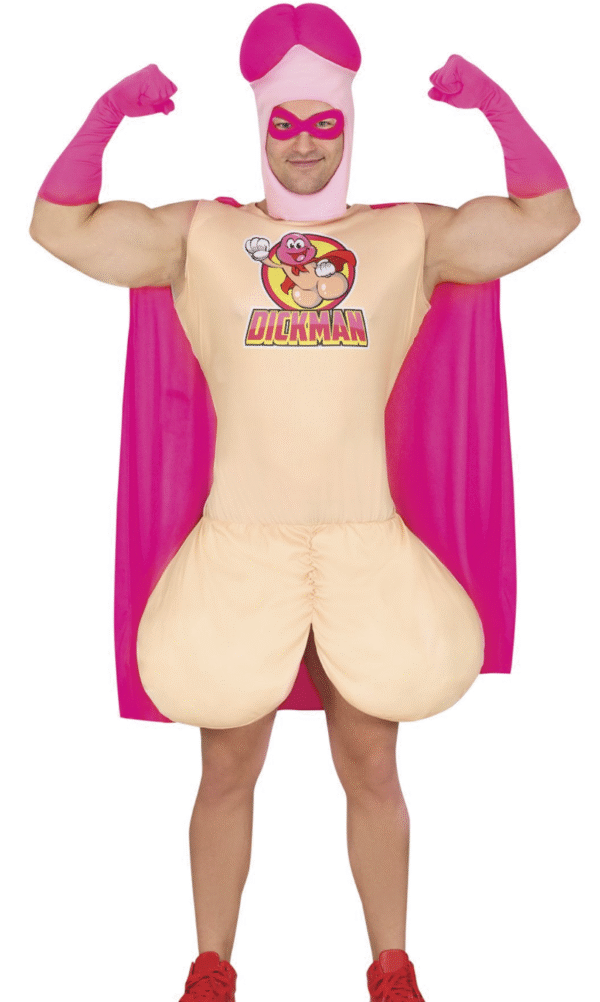 Vous avez dit "déguisement discret" ? Pas du tout. Voici le déguisement dickman version super-héros masqué, parce que quitte à être ridicule, autant l’être avec panache ! Idéal pour un enterrement de vie de garçon ou une soirée déguisée déjantée, ce costume va marquer les esprits (et probablement les appareils photo).