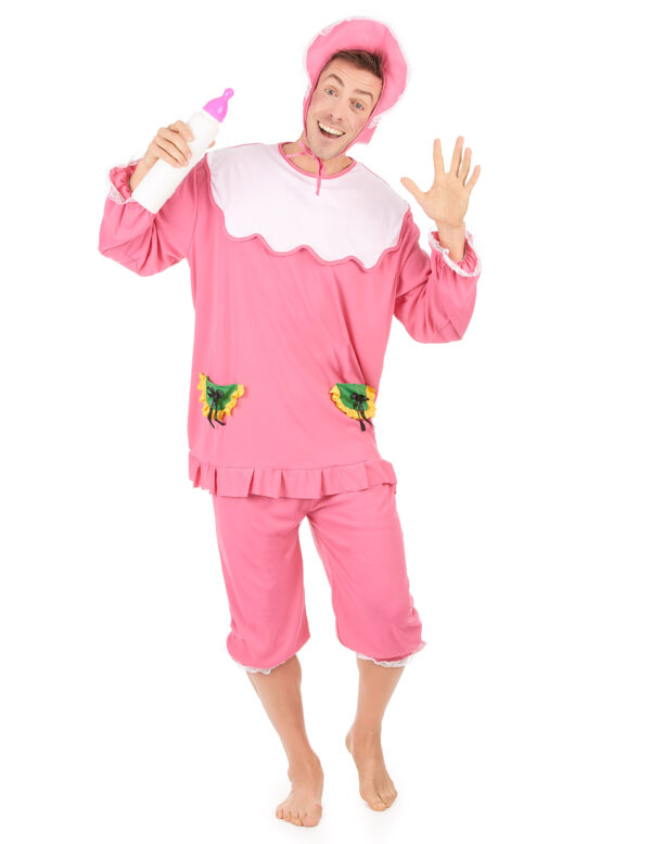 Ce déguisement de bébé rose pour homme se compose d'une tunique, d'un pantalon et d'un bonnet le tout d'un beau rose (Biberon non inclus).
