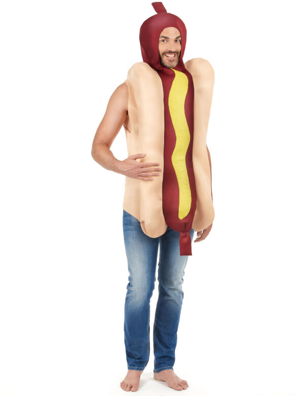 Ce déguisement de hot dog pour adulte est une combinaison (accessoires non inclus). Cette combinaison s'enfilera facilement par la tête. Le devant est en tissu épais pour plus de rigidité. Le pain est de couleur beige, la saucisse grenat et la moutarde jaune. Vous pouvez également le rembourrer pour plus d'effet.