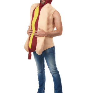 Ce déguisement de hot dog pour adulte est une combinaison (accessoires non inclus). Cette combinaison s'enfilera facilement par la tête. Le devant est en tissu épais pour plus de rigidité. Le pain est de couleur beige, la saucisse grenat et la moutarde jaune. Vous pouvez également le rembourrer pour plus d'effet.