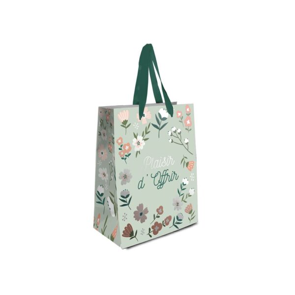 Sublimez vos petites attentions avec notre pochette "Plaisir d'Offrir" Floral MM. Son design élégant sur un fond vert de gris, orné de motifs floraux délicats et de la mention "Plaisir d'Offrir !" en vert et gris, apportera une touche de charme naturel et de chaleur à vos présents