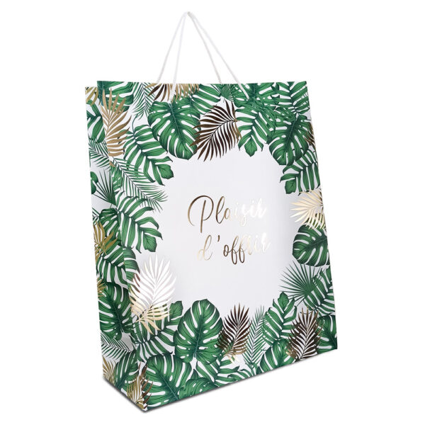 Sublimez vos cadeaux avec notre pochette "Plaisir d'Offrir" Tropical. Son design élégant aux motifs de feuilles exotiques vertes et dorées, associé à la mention dorée "Plaisir d'offrir", apportera une touche de sophistication et de chaleur à vos présents.