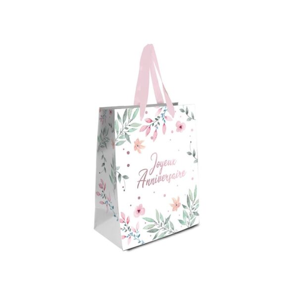 Sublimez vos cadeaux d'anniversaire avec notre pochette "Joyeux Anniversaire" Fleurs MM. Son design délicat aux motifs de branches et de fleurs effet aquarelle, associé à la mention rose "Joyeux Anniversaire" et à des anses roses, apportera une touche de fraîcheur et de gaieté à vos présents.