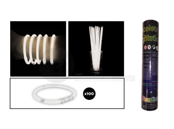 Apportez une touche de lumière et de fun à toutes vos célébrations avec ce Tube de 100 Bracelets Fluo Blanc ! Parfaits pour les fêtes, concerts, soirées dansantes, mariages, ou tout autre événement où vous souhaitez créer une ambiance électrique, ces bâtons lumineux s'activent facilement en les pliant. Une fois activés, ils brillent d'une lumière vive et constante, pour le plaisir de tous