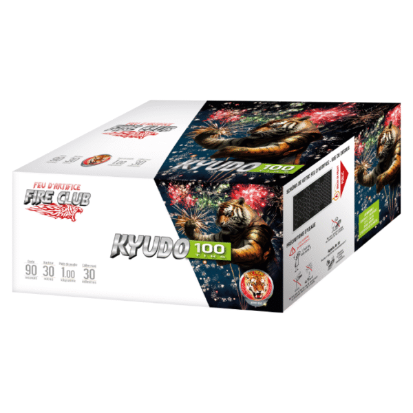 Prêt(e) à illuminer le ciel et à créer un moment de pure magie ? Le compact KYUDO 100 coups de la gamme FIRE CLUB est conçu pour vous offrir un spectacle explosif et saisissant ! Laissez-vous emporter par ses 100 détonations synchronisées, où se succèdent des comètes brillantes et crépitantes qui fendent l'obscurité. Admirez les effets en éventail étourdissants qui peignent le ciel de leurs traînées lumineuses. Et préparez-vous au grand frisson avec un bouquet final éclatant aux teintes d'or et d'argent, une véritable apothéose lumineuse qui laissera tout le monde bouche bée.