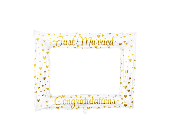 Immortalisez les moments de joie de votre mariage avec notre Cadre photo gonflable "Just Married". Idéal pour les photobooths, les photos de groupe ou les selfies, ce cadre festif blanc orné de cœurs dorés et des messages "Just Married" et "Congratulations" est l'accessoire parfait pour des souvenirs fun et mémorables de votre grand jour.