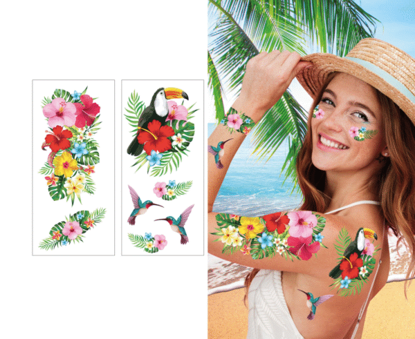 Apportez une explosion de couleurs et d'exotisme à votre peau avec nos Tatouages fleurs exotiques. Faciles à appliquer et à retirer, ces tatouages éphémères aux motifs vibrants de fleurs tropicales, toucans et colibris sont parfaits pour les fêtes, festivals ou pour un look estival audacieux et temporaire.