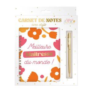 Exprimez votre gratitude avec élégance grâce à notre Coffret Carnet Stylo "Meilleure Maîtresse du monde !". Ce duo pratique et affectif, composé d'un carnet de notes au motif floral et d'un stylo doré, est le cadeau parfait pour remercier votre maîtresse à la fin de l'année scolaire et l'inviter à noter toutes ses pensées précieuses.