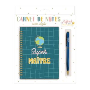 Exprimez votre gratitude avec élégance grâce à notre Coffret Carnet Stylo "Super Maître". Ce duo pratique et affectif, comprenant un carnet de notes et un stylo bleus avec la mention "Super Maître", est le cadeau parfait à offrir à votre maître en remerciements pour la fin de l'année scolaire, l'invitant à noter toutes ses pensées précieuses.