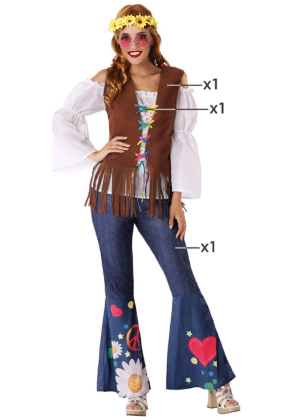 Voyagez dans le temps et incarnez l'esprit libre des années 60 avec notre Déguisement Femme Hippie. Parfait pour les soirées à thème, le carnaval ou toute autre occasion festive, ce costume complet vous assure un look bohème, coloré et un grand sourire.