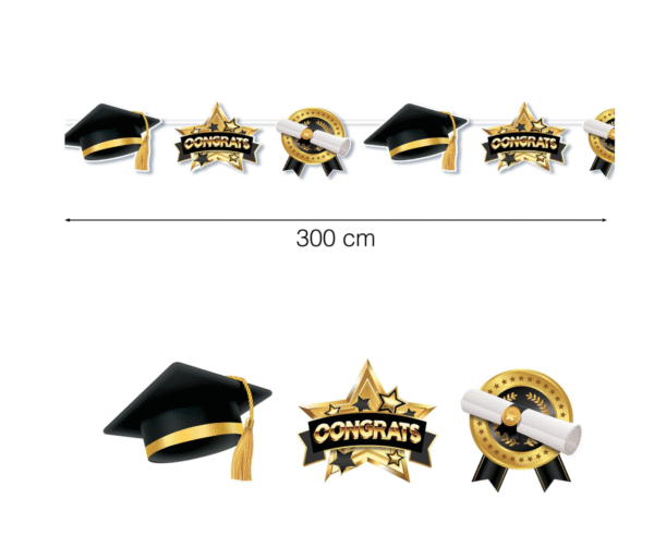 Célébrez dignement la réussite avec notre Guirlande Diplômé ! Idéale pour toutes les fêtes de remise de diplômes, cette guirlande de 300 cm arbore des motifs de toques, de diplômes et de mentions "CONGRATS" pour une décoration festive et mémorable.