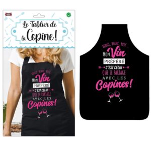 À la recherche du cadeau parfait pour votre meilleure amie, votre sœur ou toutes les copines avec qui vous aimez partager de bons moments ? Découvrez "Le Tablier des Copines" ! Avec son message humoristique et chaleureux "Rouge, blanc, rosé... Mon vin préféré c'est celui que je partage avec les Copines!", il est idéal pour toutes les occasions conviviales autour d'un verre, que ce soit en cuisine ou lors d'un apéritif.