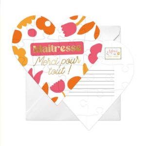 Offrez un message touchant et mémorable avec notre puzzle affectif "Maîtresse". Composé de 12 pièces formant un cœur blanc, il dévoile la mention dorée "Maîtresse merci pour tout !" une fois assemblé. Idéal pour remercier une maîtresse exceptionnelle, ce cadeau original peut être personnalisé au dos et est livré avec une enveloppe. Immense sourire aux lèvres garanti !