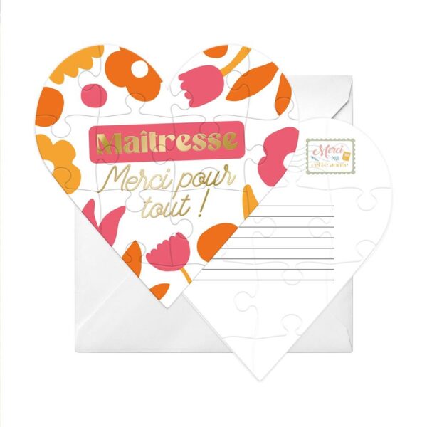 Offrez un message touchant et mémorable avec notre puzzle affectif "Maîtresse". Composé de 12 pièces formant un cœur blanc, il dévoile la mention dorée "Maîtresse merci pour tout !" une fois assemblé. Idéal pour remercier une maîtresse exceptionnelle, ce cadeau original peut être personnalisé au dos et est livré avec une enveloppe. Immense sourire aux lèvres garanti !