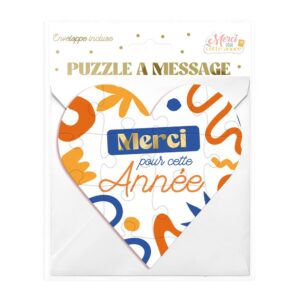 Offrez un message touchant et mémorable avec notre puzzle affectif "Merci". Composé de 12 pièces formant un cœur blanc, il dévoile la mention "Merci pour cette année !" une fois assemblé. Idéal pour remercier un(e) enseignant(e), ce cadeau original peut être personnalisé au dos et est livré avec une enveloppe. Immense sourire aux lèvres garanti !