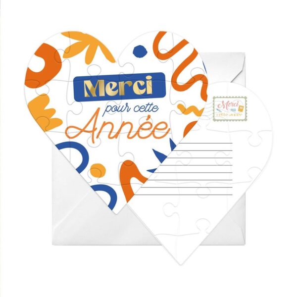 Offrez un message touchant et mémorable avec notre puzzle affectif "Merci". Composé de 12 pièces formant un cœur blanc, il dévoile la mention "Merci pour cette année !" une fois assemblé. Idéal pour remercier un(e) enseignant(e), ce cadeau original peut être personnalisé au dos et est livré avec une enveloppe. Immense sourire aux lèvres garanti !