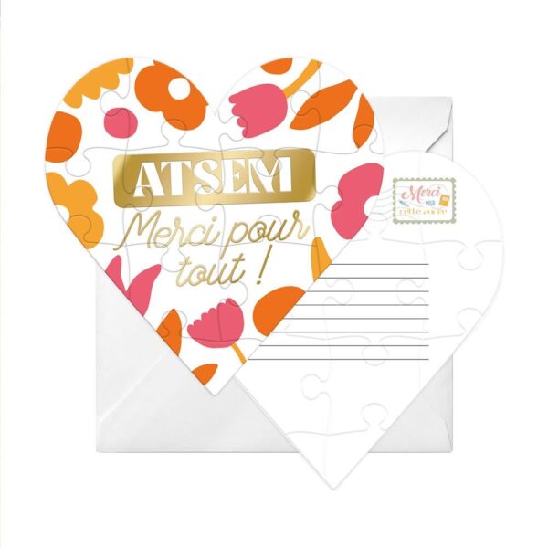 Offrez un message touchant et mémorable avec notre puzzle affectif "ATSEM". Composé de 12 pièces formant un cœur blanc, il dévoile la mention dorée "ATSEM merci pour tout !" une fois assemblé. Idéal pour remercier une ATSEM exceptionnelle, ce cadeau original peut être personnalisé au dos et est livré avec une enveloppe. Immense sourire aux lèvres garanti !