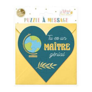 Offrez un message touchant et mémorable avec notre puzzle affectif "Maître Génial". Composé de 13 pièces qui, une fois assemblées, forment un cœur bleu avec un globe terrestre et la mention "Tu es un maître génial" en jaune et blanc. L'arrière du puzzle peut être personnalisé avec un message. Livré avec une enveloppe carrée jaune, ce cadeau original est parfait pour remercier votre maître et lui garantir un immense sourire !