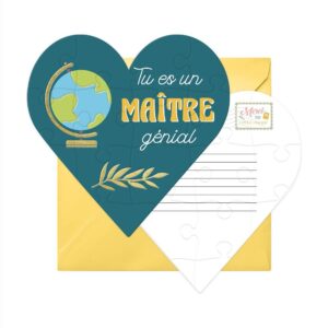 Offrez un message touchant et mémorable avec notre puzzle affectif "Maître Génial". Composé de 13 pièces qui, une fois assemblées, forment un cœur bleu avec un globe terrestre et la mention "Tu es un maître génial" en jaune et blanc. L'arrière du puzzle peut être personnalisé avec un message. Livré avec une enveloppe carrée jaune, ce cadeau original est parfait pour remercier votre maître et lui garantir un immense sourire !
