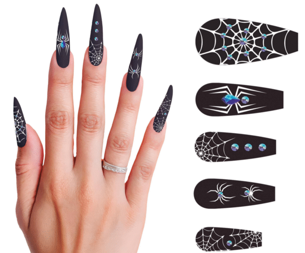 Pour un look d'Halloween qui combine élégance et effroi, ces faux ongles à strass Araignée sont l'accessoire parfait.