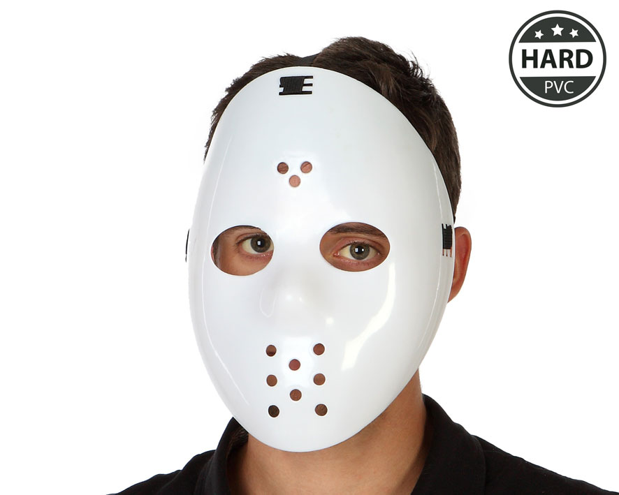 Masque de hockey de couleur blanche et brillante, en plastique. Le masque a deux trous pour les yeux et plusieurs petits trous pour la bouche et le nez. Une bande élastique noire est visible à l'arrière pour le maintien