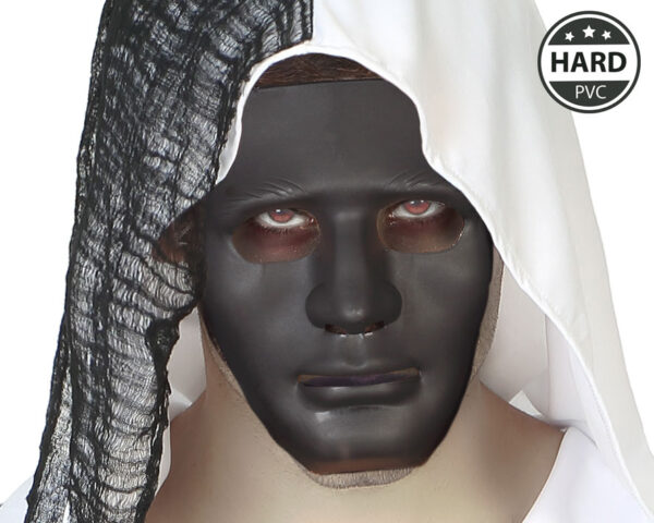 Masque d'horreur noir, lisse et brillant, couvrant tout le visage.