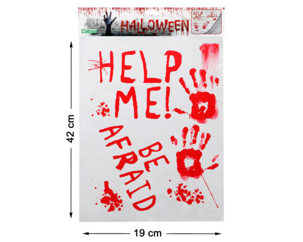 Un paquet de stickers de décoration sur fond blanc. Les autocollants sont de couleur rouge vif et représentent des empreintes de mains et des éclaboussures de sang, avec le texte stylisé 'HELP ME!' et 'BE AFRAID'