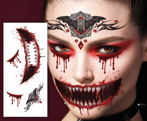 Pour un look d'Halloween qui combine élégance et effroi, ces tatouages de visage Vampire sont l'accessoire qu'il vous faut.