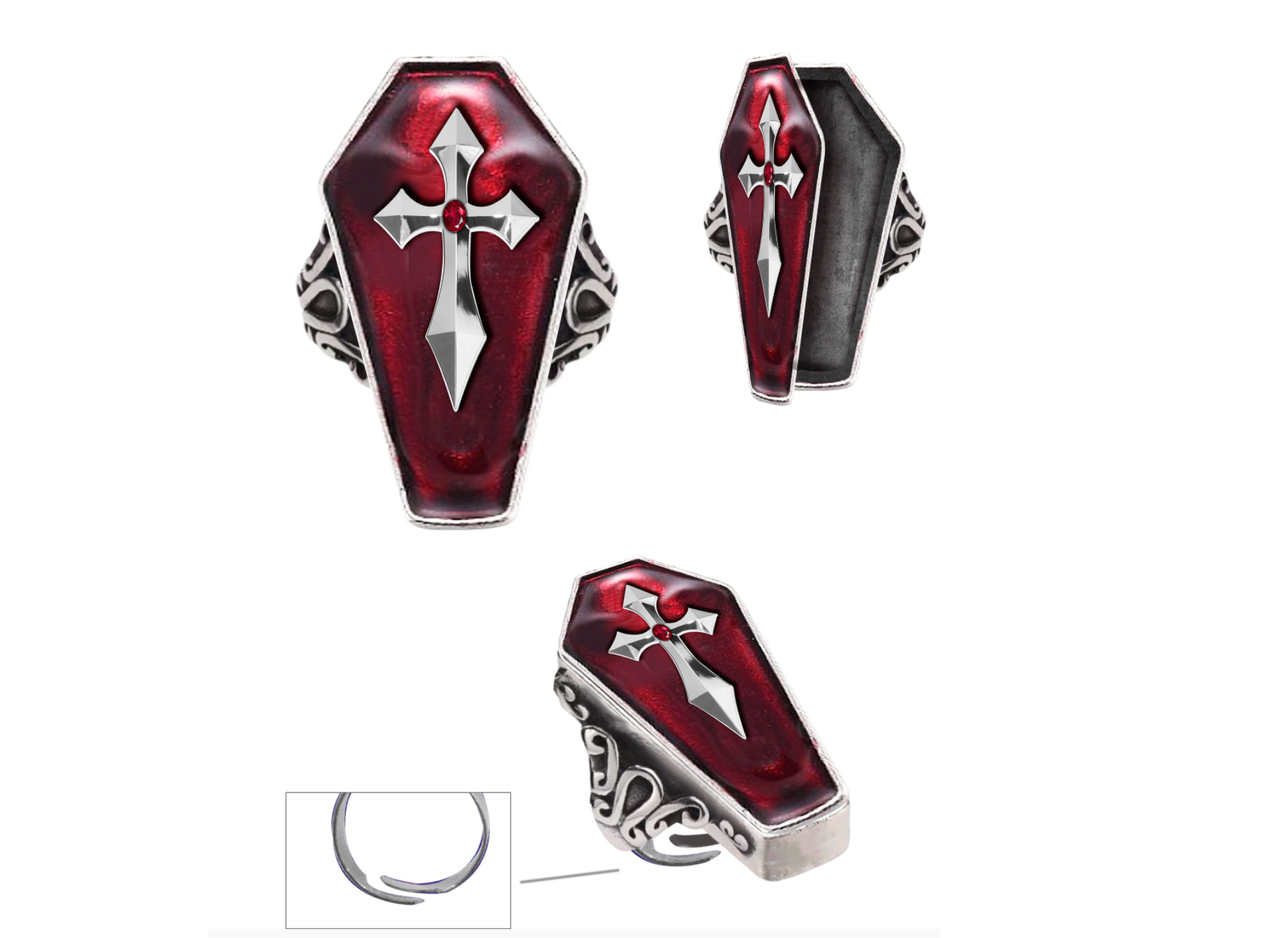 Bague gothique en métal argenté, dont la tête représente un cercueil rouge profond avec une croix argentée et une pierre rouge. Le cercueil est articulé et s'ouvre pour former une mini-boîte.