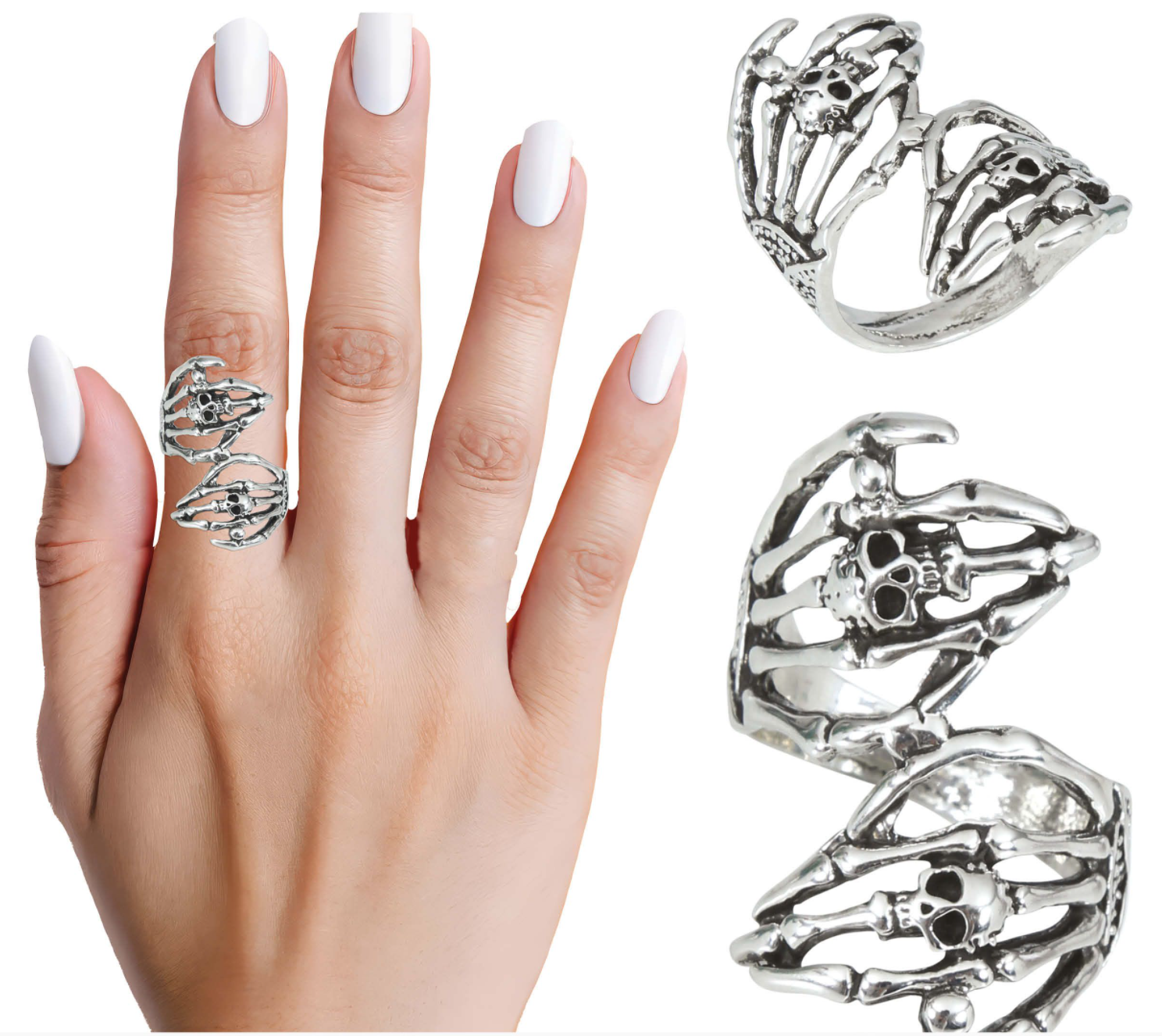 Bague réglable en métal argenté représentant deux mains de squelette avec des motifs de petits crânes, qui se rejoignent pour former un anneau autour du doigt.