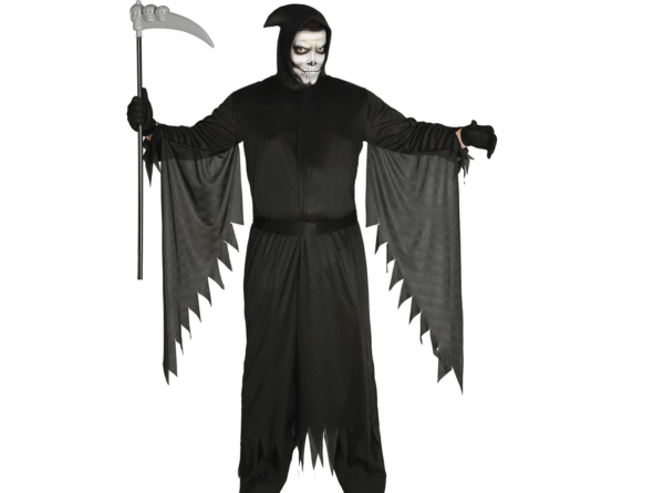 Déguisement d'Assassin pour adulte, de couleur noire, comprenant une tunique longue, une ceinture et une capuche.