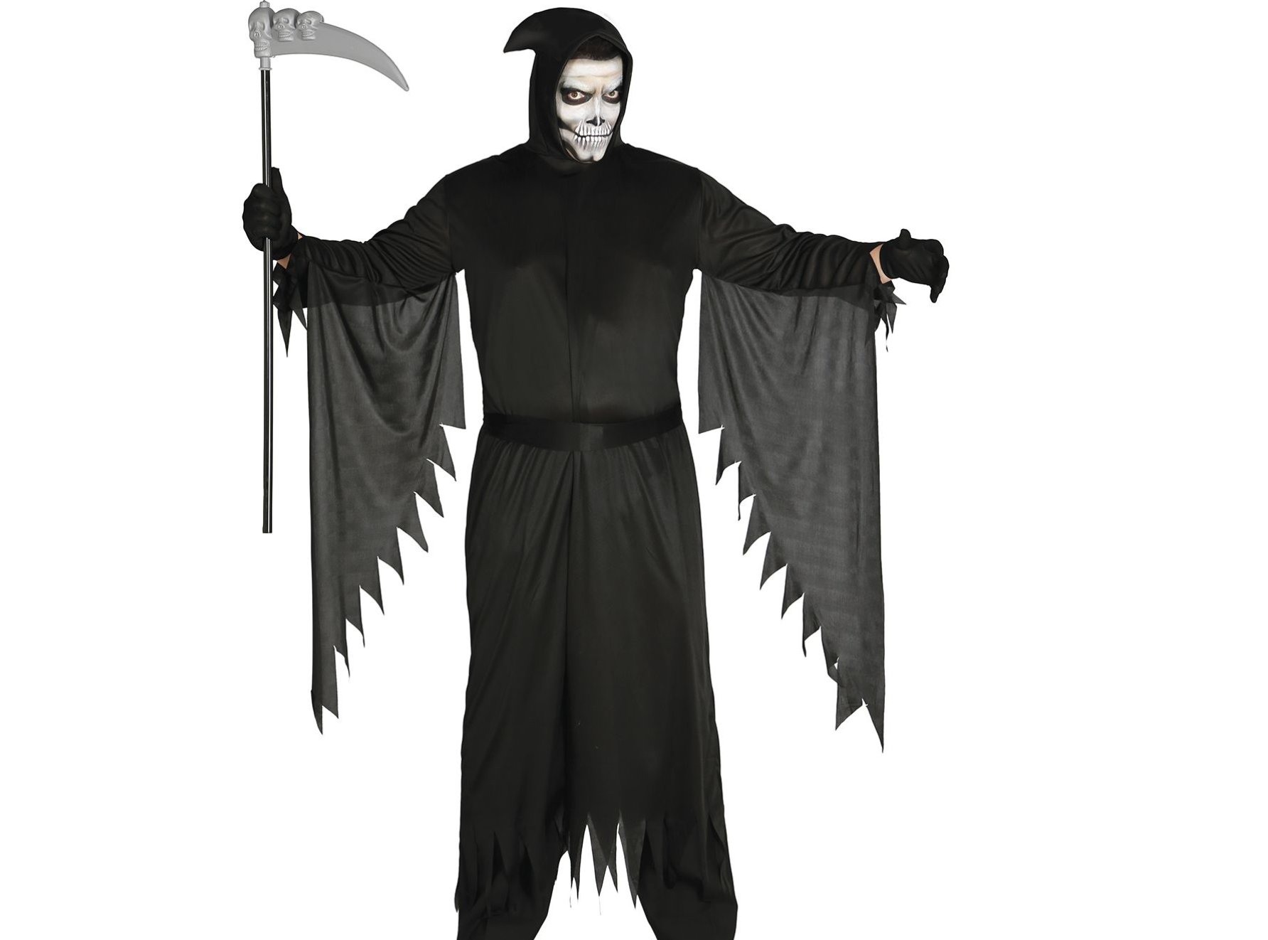 Déguisement d'Assassin pour adulte, de couleur noire, comprenant une tunique longue, une ceinture et une capuche.