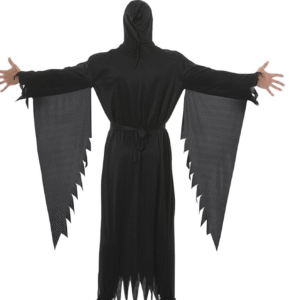 Déguisement d'Assassin pour adulte, de couleur noire, comprenant une tunique longue, une ceinture et une capuche.