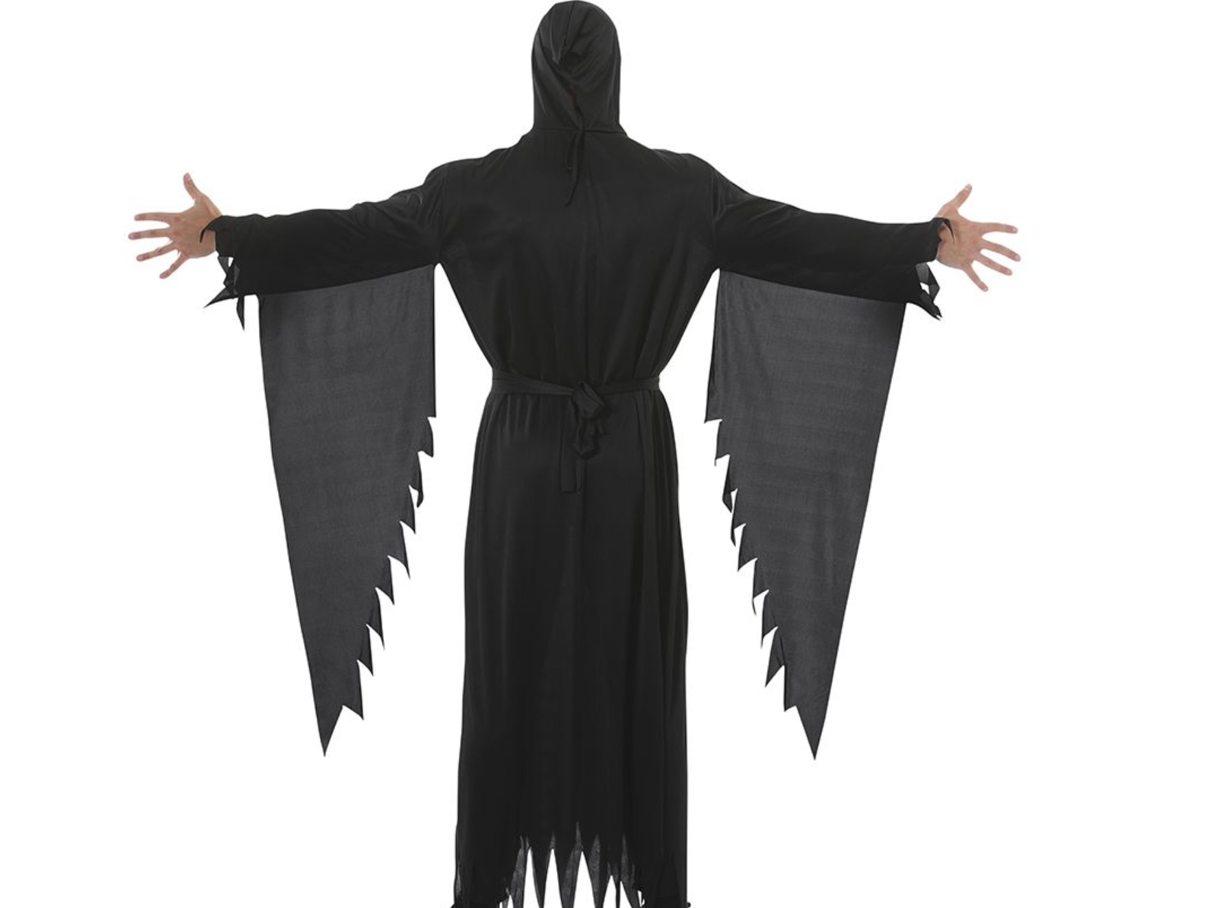 Déguisement d'Assassin pour adulte, de couleur noire, comprenant une tunique longue, une ceinture et une capuche.