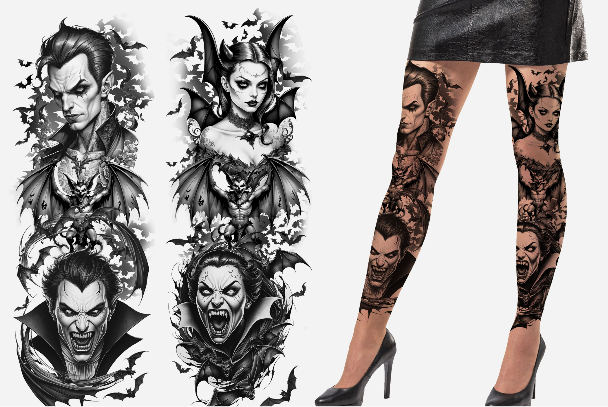Paire de collants effet tatouage, de couleur chair, imprimée de motifs noirs et gris représentant des visages de vampires et des chauve-souris, couvrant intégralement les jambes.