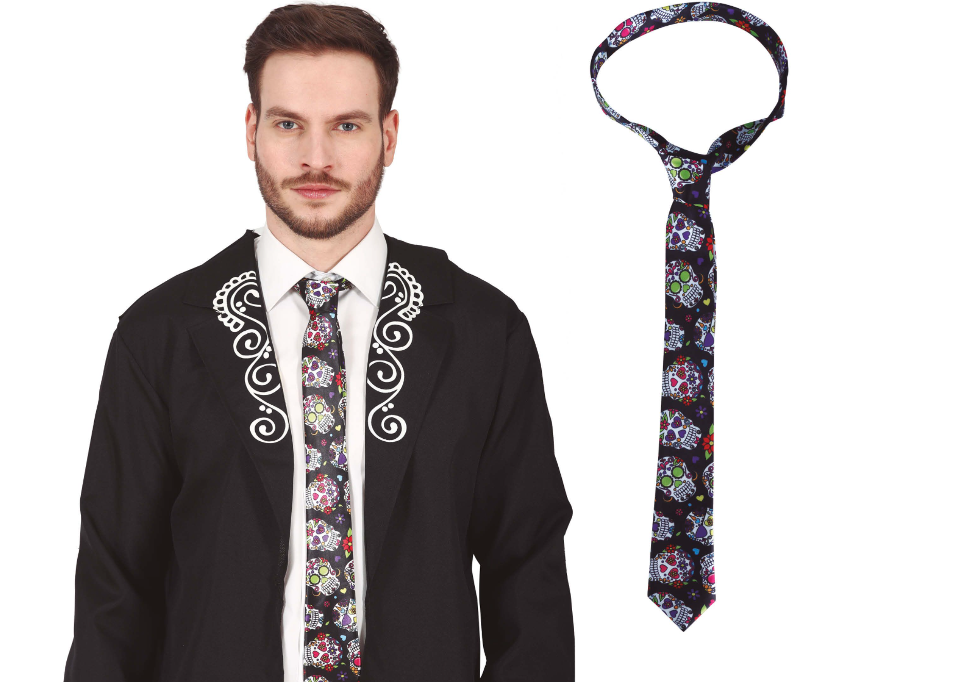 Cravate noire à motif multicolore de têtes de mort mexicaines (Calaveras), décorées de fleurs vives.