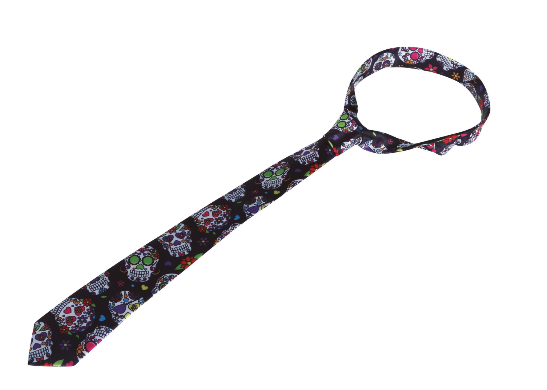 Cravate noire à motif multicolore de têtes de mort mexicaines (Calaveras), décorées de fleurs vives.