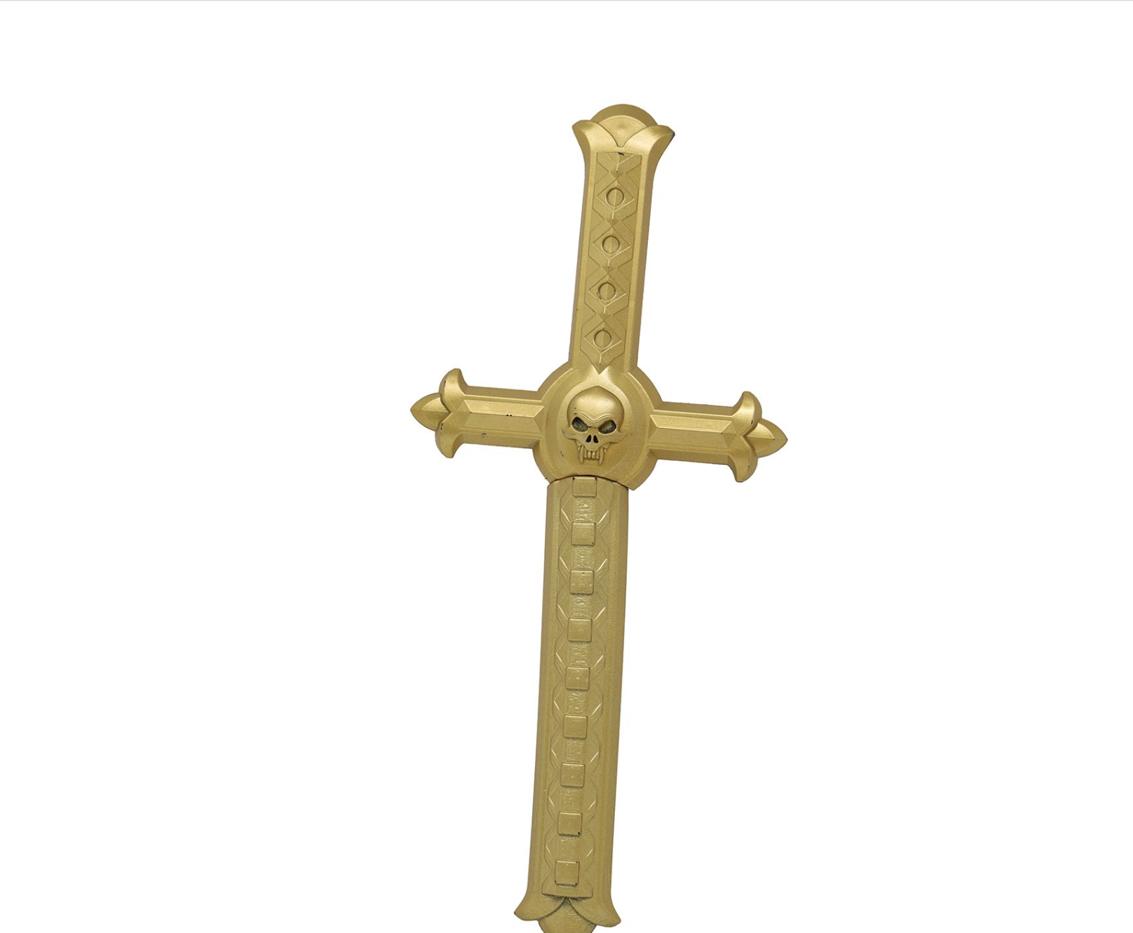Accessoire de déguisement représentant un poignard court avec une garde en forme de croix dorée ornée d'un motif de crâne au centre. L'arme est livrée avec un fourreau doré assorti.