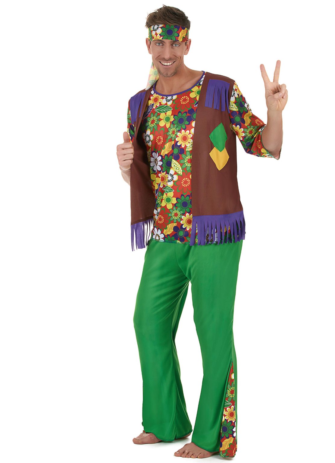 Ce déguisement est l'ensemble idéal pour incarner l'esprit libre des Hippies. Sa conception en tissu souple et sa taille élastique garantissent que vous resterez confortable toute la soirée pour danser au rythme du rock'n'roll et de la pop psychédélique.