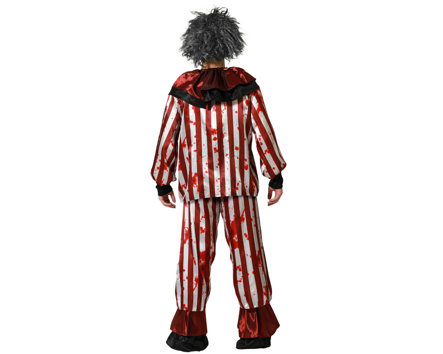 Déguisement de clown tueur pour homme, composé d'un haut et d'un pantalon bouffants à rayures verticales rouges et blanches, recouverts d'éclaboussures de faux sang. Le costume a un grand col noir et rouge.