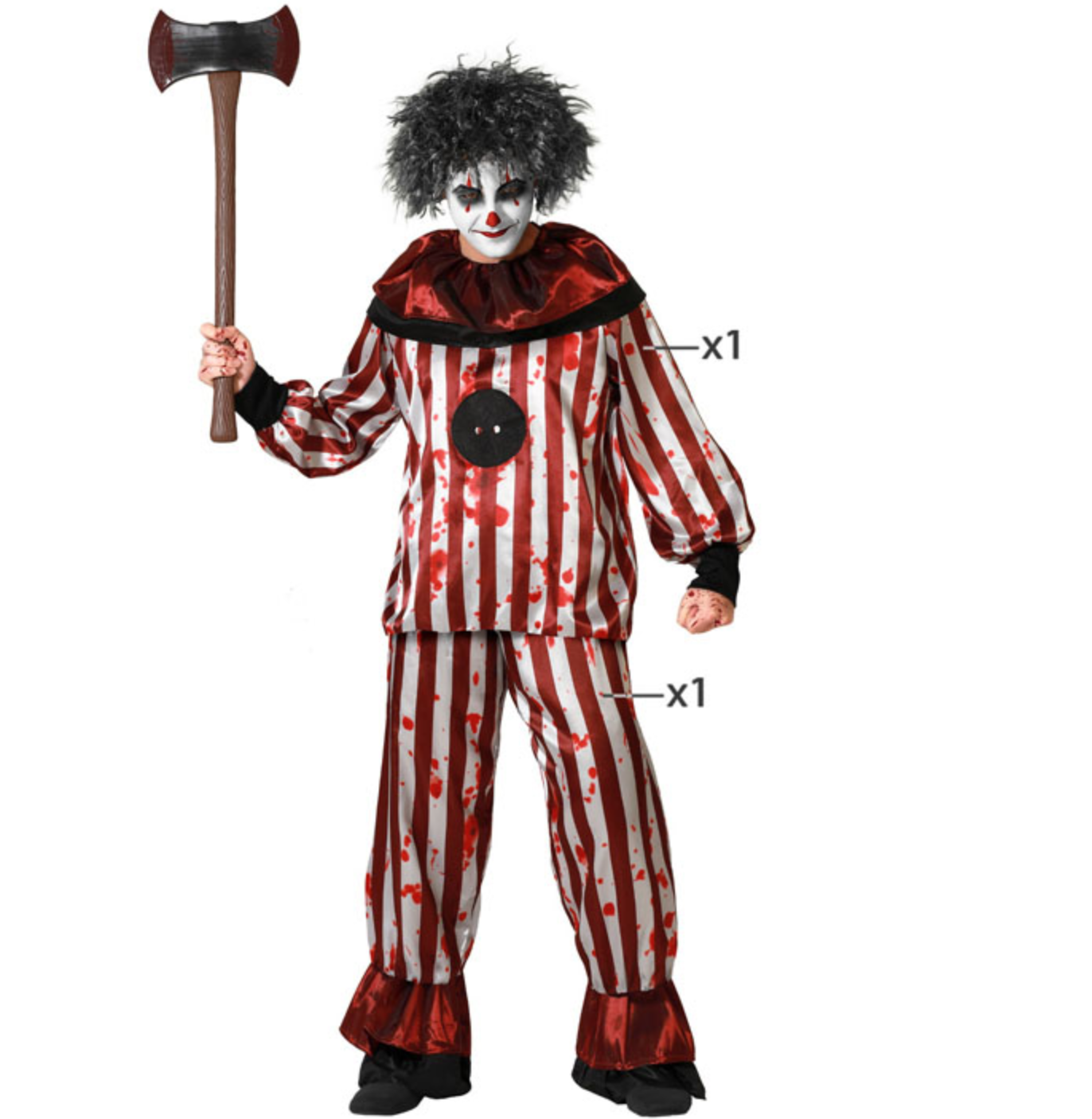 Déguisement de clown tueur pour homme, composé d'un haut et d'un pantalon bouffants à rayures verticales rouges et blanches, recouverts d'éclaboussures de faux sang. Le costume a un grand col noir et rouge.