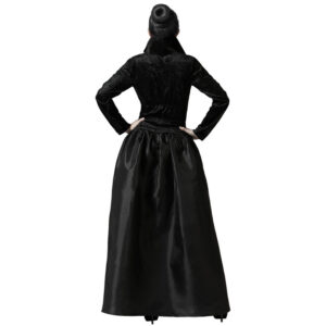 Déguisement de sorcière chic pour femme, comprenant une robe noire courte et bouffante avec des manches longues et transparentes en organza.