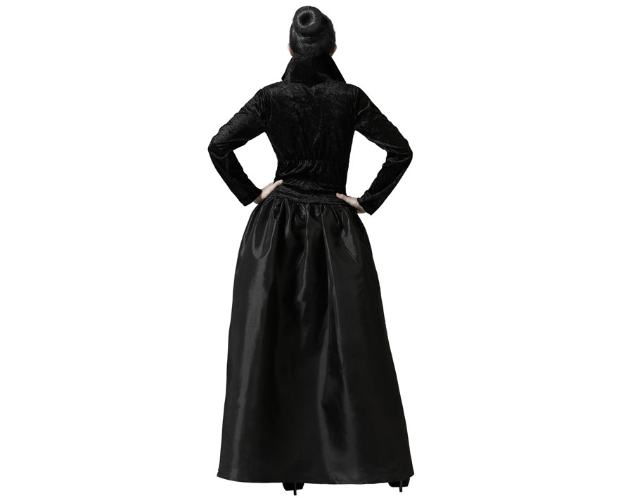Déguisement de sorcière chic pour femme, comprenant une robe noire courte et bouffante avec des manches longues et transparentes en organza.