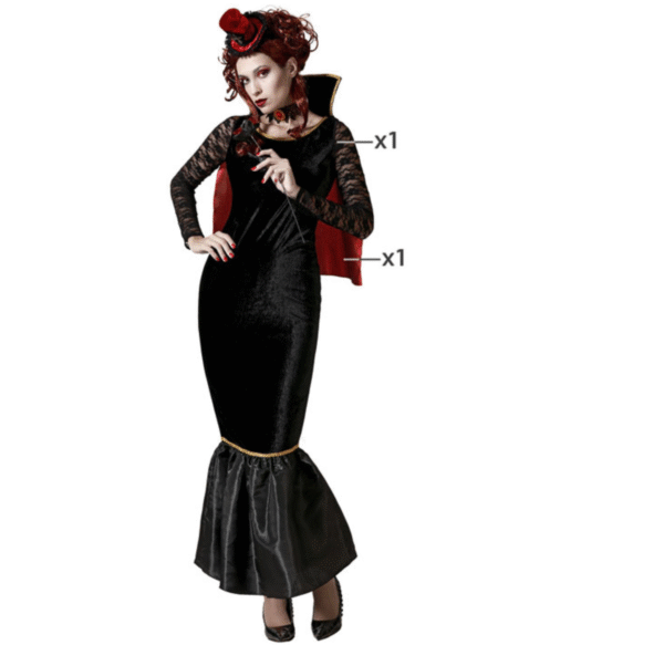 Déguisement de sirène vampire pour femme. La robe est longue et moulante en velours noir avec un ourlet évasé en satin noir et doré. Elle inclut une mini-cape rouge à col montant et des manches longues en dentelle noire.