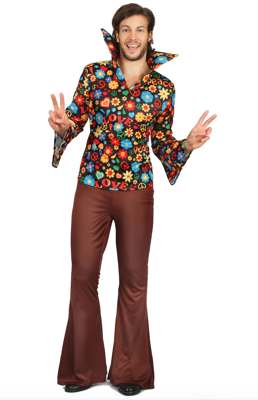 Adoptez l'attitude décontractée des années 70 avec ce Déguisement de Hippie pour homme. Cet ensemble comprend un haut et un pantalon, parfaits pour une soirée à thème ou le carnaval. Le Haut : Il est sur fond noir avec des motifs multicolores vifs. Il arbore les célèbres inscriptions "peace" et "love", symboles du mouvement hippie. Le Pantalon : De couleur marron, il est doté de pattes d'éléphant caractéristiques de l'époque. La taille est élastique pour un confort optimal. Confort : L'ensemble est décrit comme très confortable.