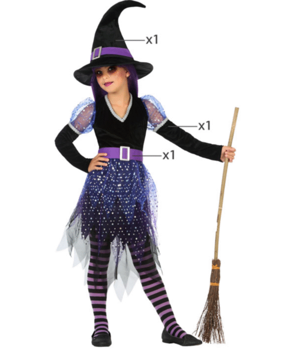 Déguisement de sorcière pour enfant. La tenue comprend une robe noire et violette avec une jupe en tulle bleu et violet pailleté, une ceinture violette à boucle et un chapeau pointu noir et violet.