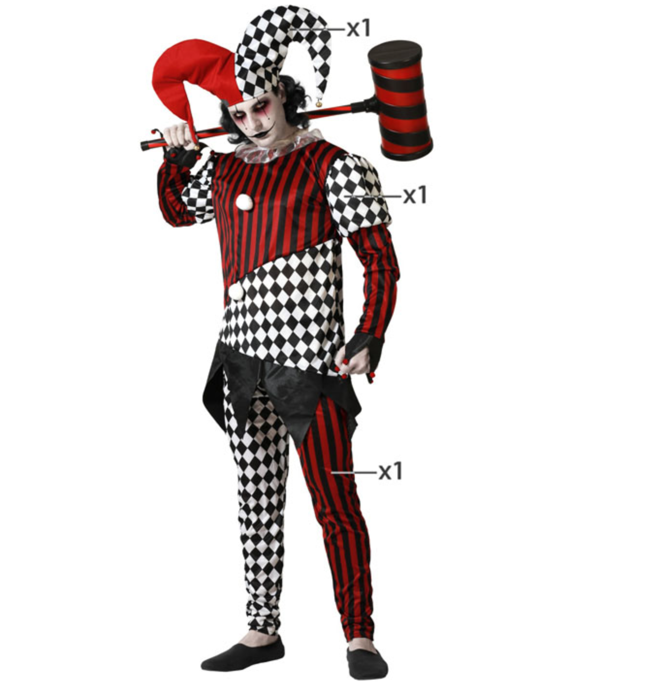 Déguisement d'Arlequin Maléfique pour adulte, avec un motif asymétrique de damier noir et blanc et de rayures rouges et noires. Le costume est composé d'un haut de bouffon et d'un pantalon assorti.