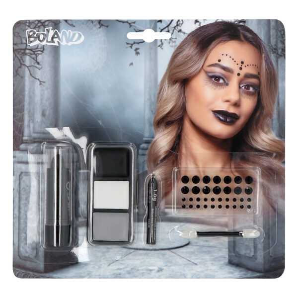 Ce kit est spécialement adapté pour réaliser le célèbre "Smoky Eye" ou le maquillage charbonneux de la sorcière. Les strass noirs permettent de reproduire facilement le motif élégant présenté sur l'emballage, transformant un simple déguisement de sorcière en un look de reine de la nuit.